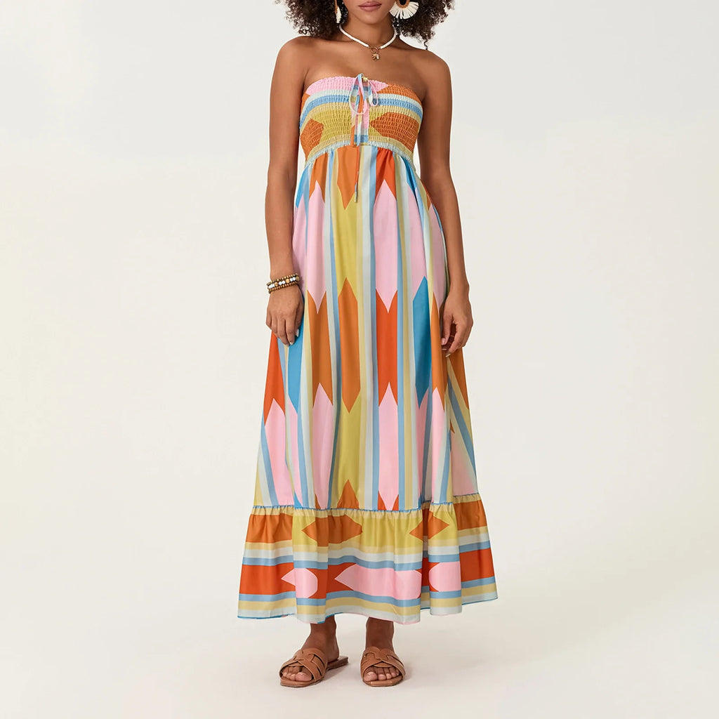 Women's Sleeveless Strapless Long Dress Bohemian Sleeveless Drawstring Loose Tube Dress Summer Holiday Beach Dress