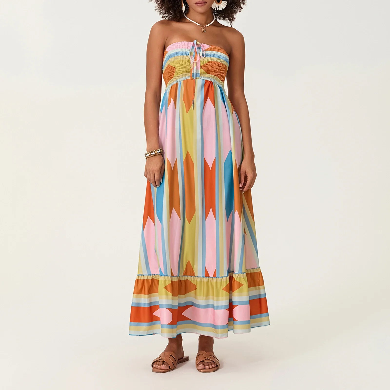 Women's Sleeveless Strapless Long Dress Bohemian Sleeveless Drawstring Loose Tube Dress Summer Holiday Beach Dress