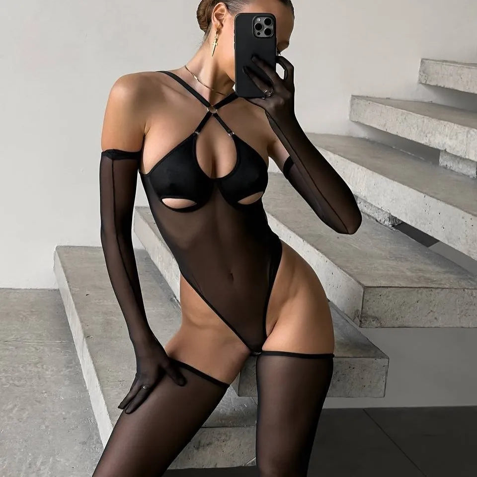 European and American style sexy women's hollow-out tight pants, backless one-piece underwear, bodysuit, gloves not included