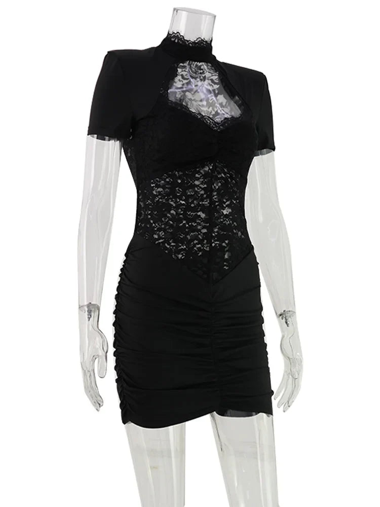 Ahagaga Sexy Patchwork Dresses For Women Short Sleeves Sheath Pleated Slim Fit Hollow Out Lace Basic Trend Streetwear Vestidos