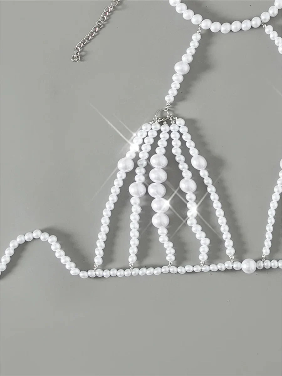 Luxury Pearls Chain Halter Hollow Out See Through Bikini Top Female Swimsuit Women Swimwear Bather Bathing Suit Swim Beach Top
