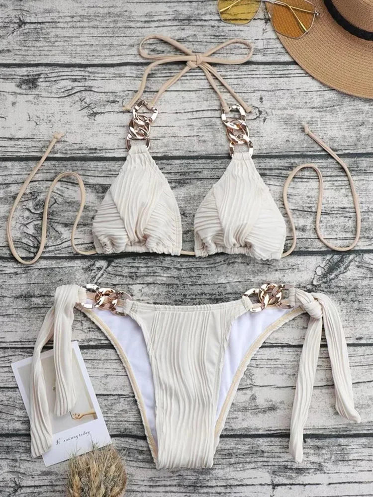 Halter Metal Rings Bikinis Wrinkled Bikini Female Swimsuit Women Swimwear Two-pieces Bikini Set High Cut Bathing Suit Swim Lady