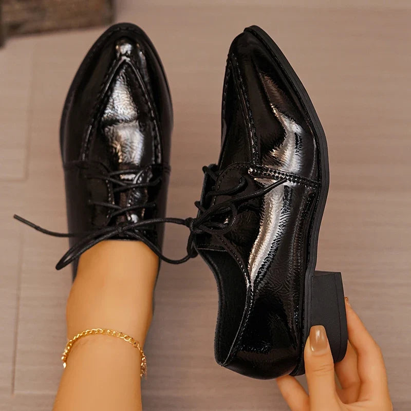 Vinatge Patent Leather Oxford Shoes Women Pointed Toe Low Heel Pu Leather Shoes Woman Plus Size 43 Thick Heeled Office Shoes