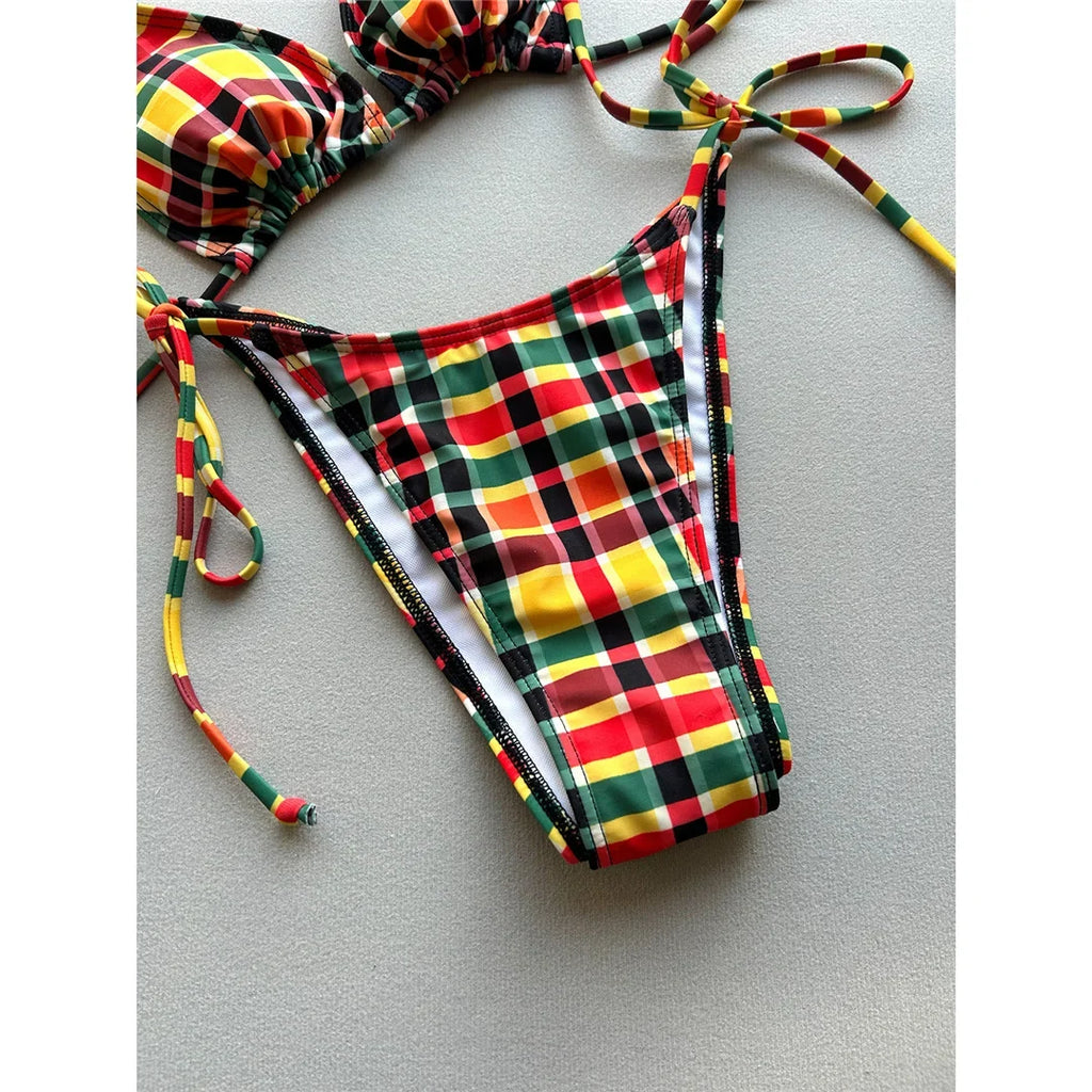 Sexy Plaid Halter Bikini Female Swimsuit Women Swimwear Two-pieces Bikini set High Leg Cut Padded Bather Bathing Suit Swim V7930
