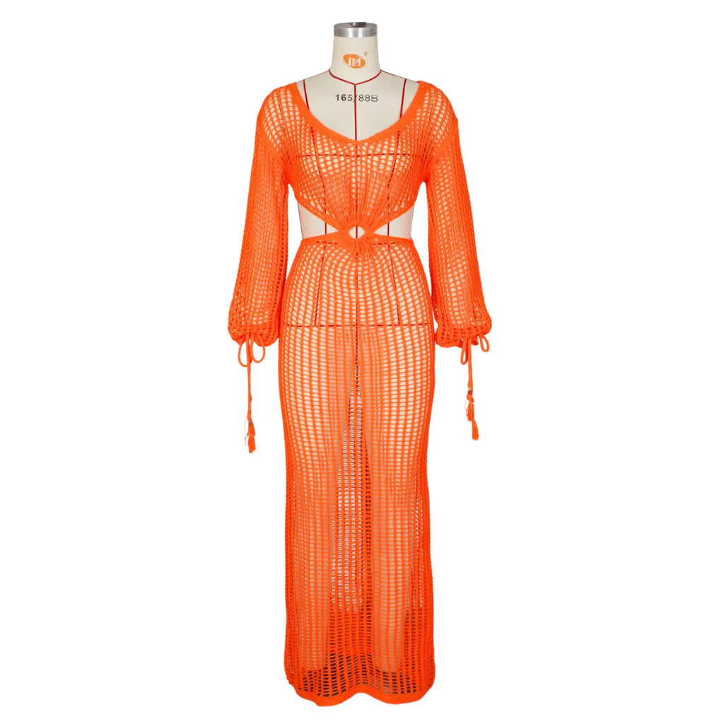 DEKA Women Knitted Backless Cover Up Swimsuit Long-sleeved Crochet Hollow Out Dress Summer Beach Vacation Outfit Beach Dress