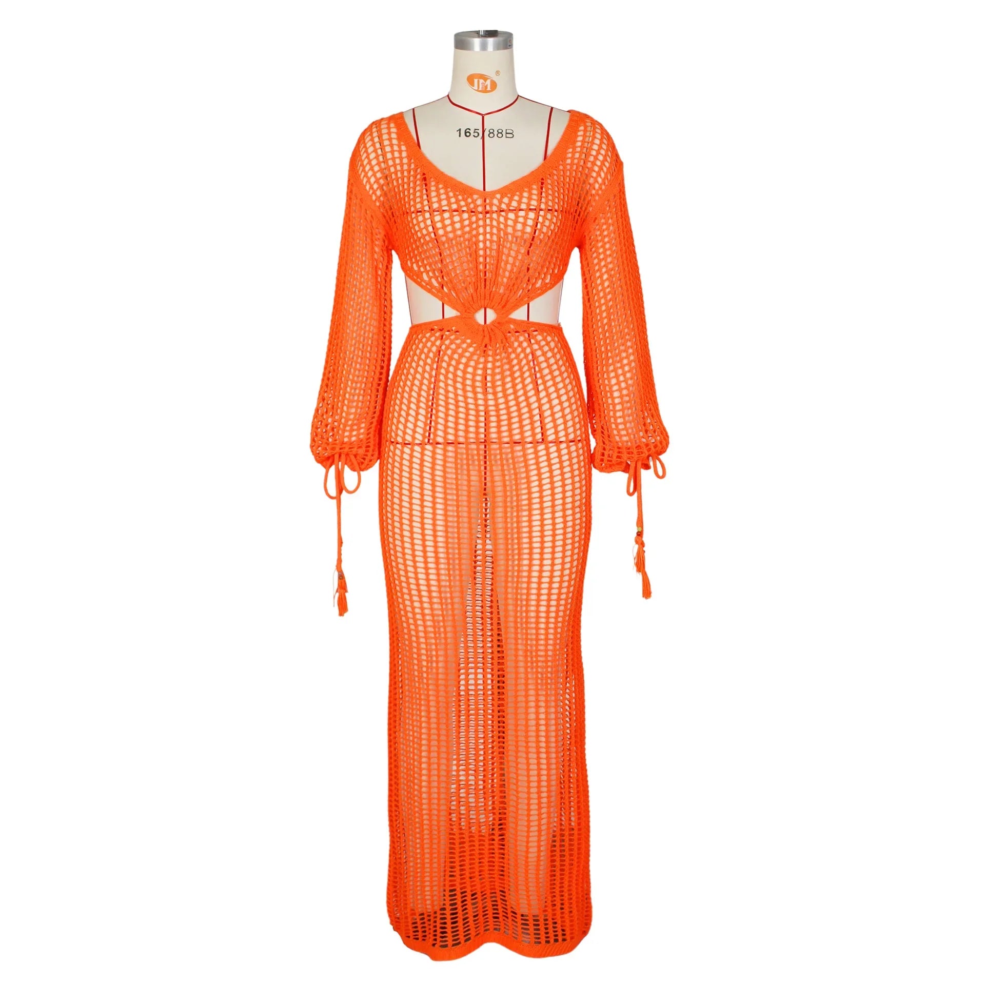 DEKA Women Knitted Backless Cover Up Swimsuit Long-sleeved Crochet Hollow Out Dress Summer Beach Vacation Outfit Beach Dress