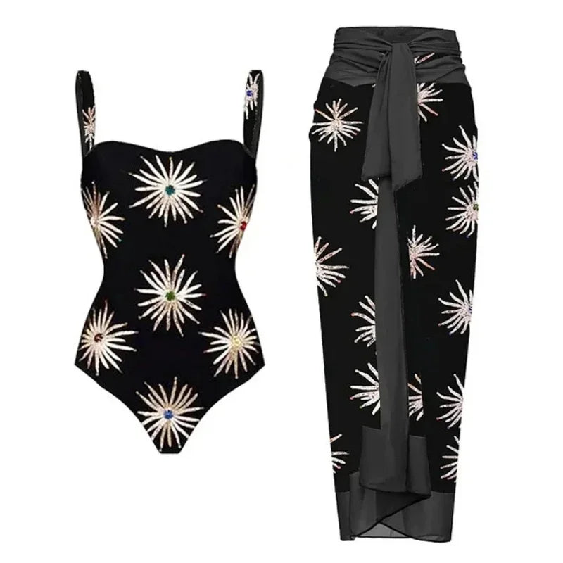 Retro One Piece Swimsuit with Skirt Shoulder Strappy Floral Print Women's Slimming Bathing Suit Beach Wear