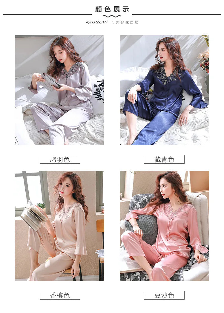 Spring and summer silk women's pajamas long-sleeved autumn and winter new imitation silk women's home clothes