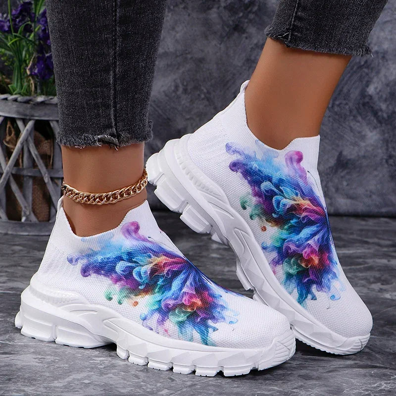 Fashion Butterfly Print Knit Sneakers for Women Breathable Mesh Platform Sneakers Shoes Woman Plus Size Thick Sole Walking Shoes
