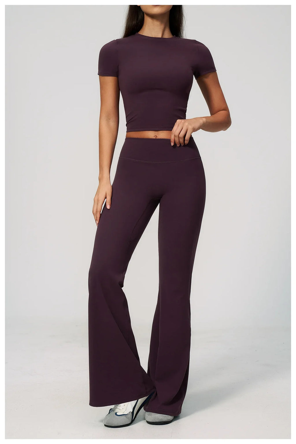 Creamy 2 Pieces Workout Suit Women Yoga Outfits Short Sleeve O Neck Slim Sports T Shirts High Waist Flare Pants Gym Fitness Sets