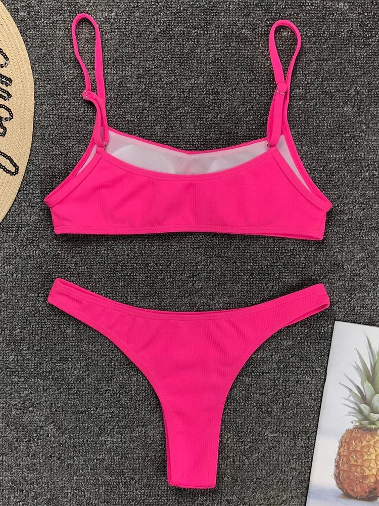 Sexy Neon Yellow Ribbed Brazilian Bikini Women Swimwear Female Swimsuit Two-pieces Bikini Set High Cut Bather Bathing Suit Swim