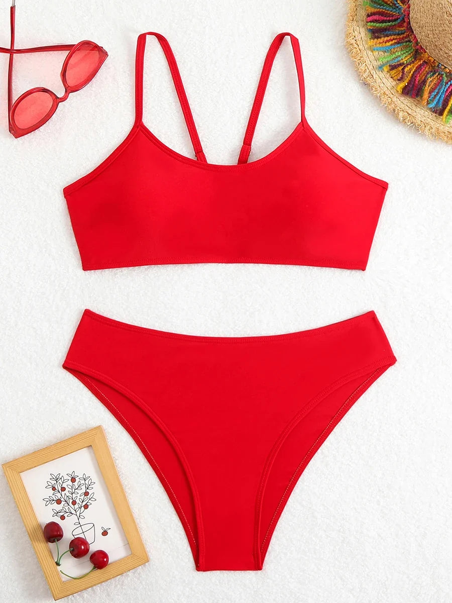 2025 Strappy Bikini Set Sexy Swimsuit Women Solid Padded Swimwear Female Bathers Bathing Swimming Swim Suit Beachwear
