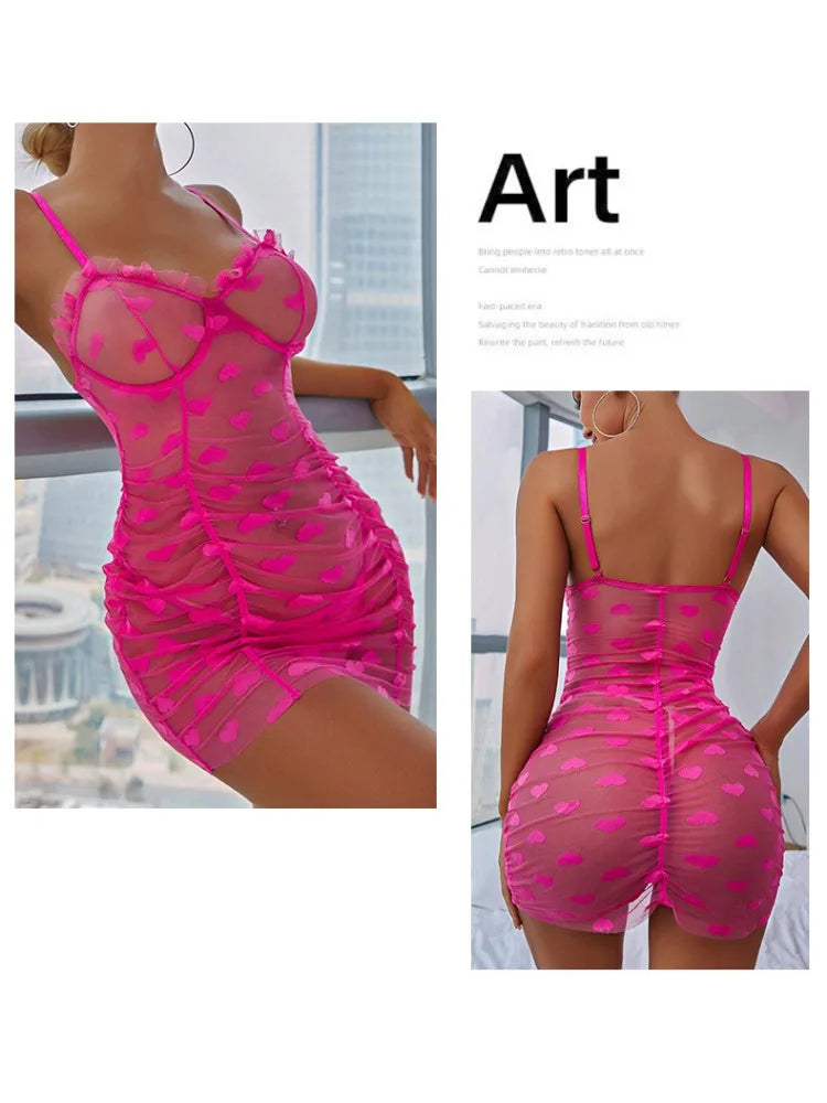 Toucheart Heart Mesh Frill Trim Underwire Sexy Lingerie Dress Thong For Women Lace Mesh Patchwork Halter Sexy Lingerie Dress New