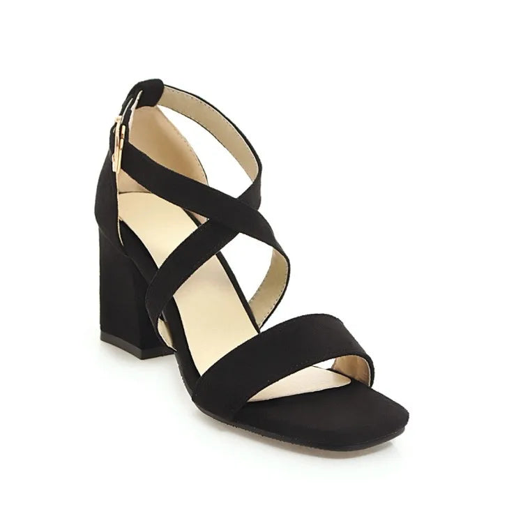 Big Size Casual Women Sandals Black Flock 7cm High Square Heels Peep Toe Summer Cross Buckle Strap Party Office Red Lady Sandals