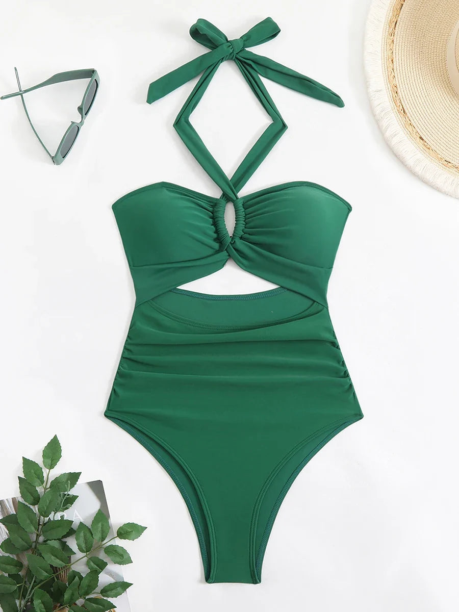 2026 Sexy Padded Swimsuit Women One Piece Halter Hollow Swimwear Female Solid Bathers Bathing Swimming Swim Suit Beachwear