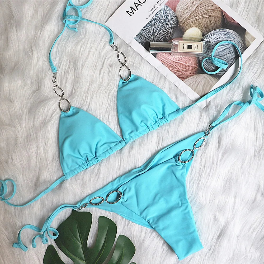 6 Colors Sexy Bikini Women Solid Rhinestone Metal Chain Swimwear Swimsuit Female Halter Bikinis Set Bathing Suit Beachwear Mujer