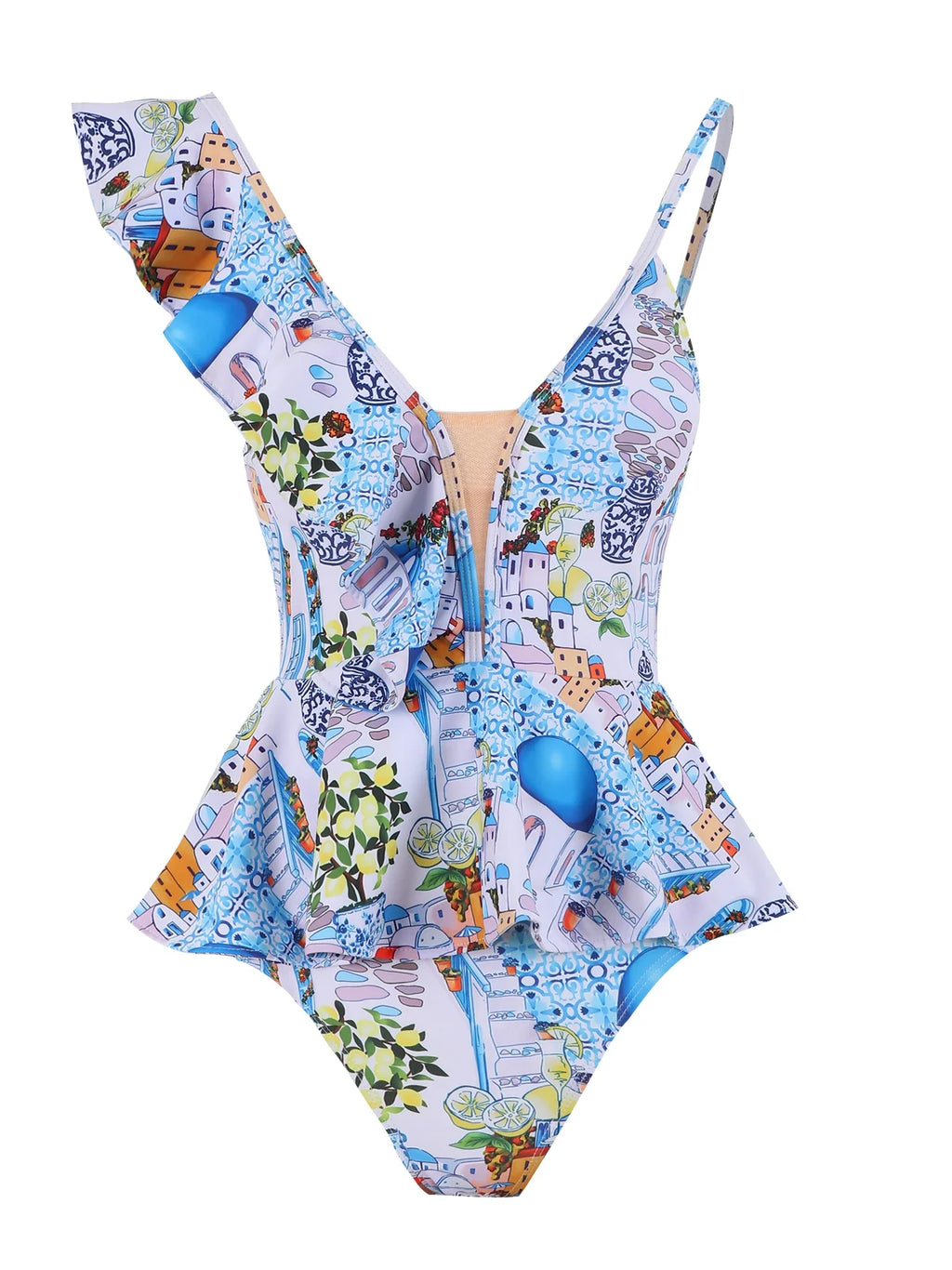 Sexy Ruffle Shoulder Swimsuit V-Neck Swimwear Women Backless Push Up Bathing Suit  Beach Wear 2024 Female Swimming Suit