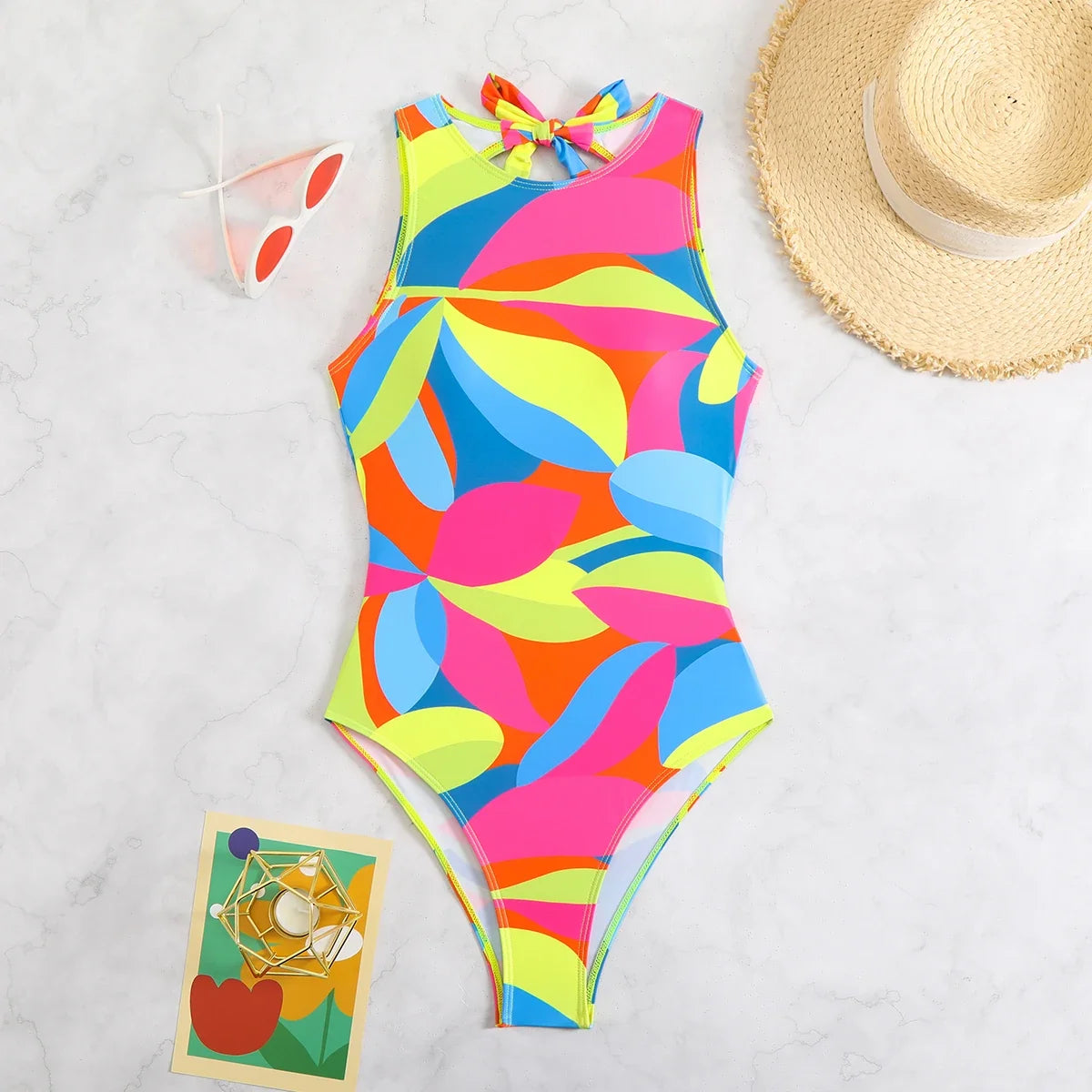 2026 Color Block Swimsuit One Piece Backless Printed Swimwear Women Bathers Bathing Swimming Swim Suit Padded Beachwear Summer