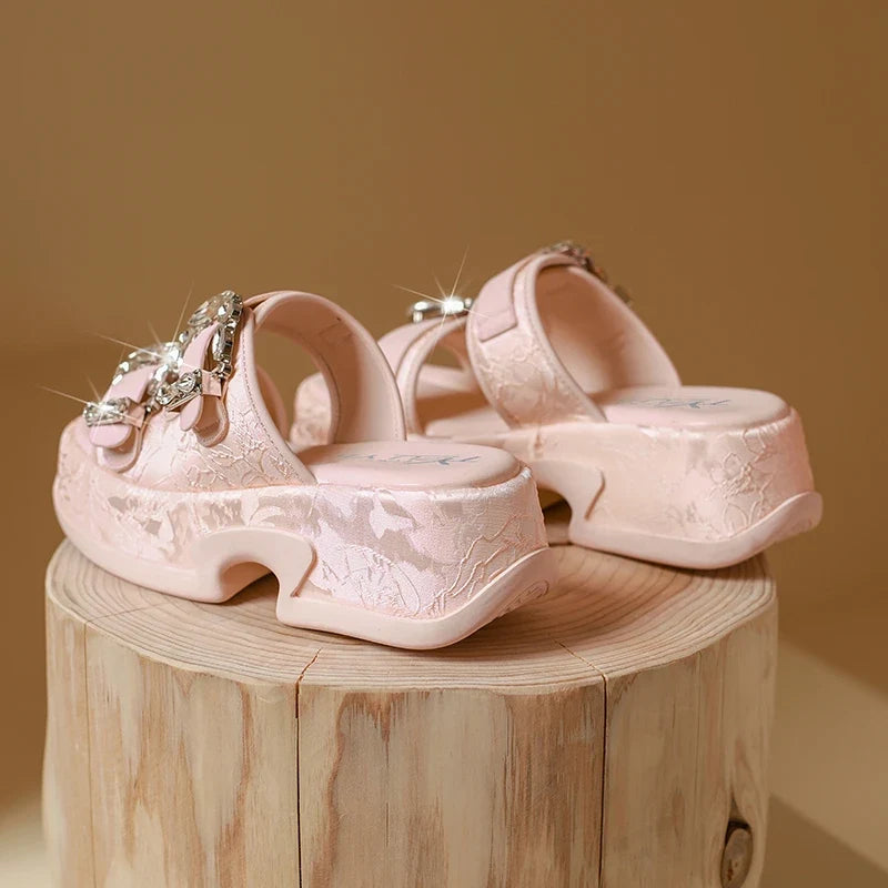 Luxury Rhinestone Thick Bottom Sandals Women 2026 New Silk Satin Embroidery High Heel Sandals Woman Summer Thick Heeled Slippers