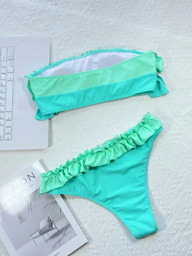 2026 Sexy Bikini Bandeau Women Swimwear Swimsuit Push Up Patchwork Ruffle Bikinis Set Bathing Suit Beach Bikini Female Banadores