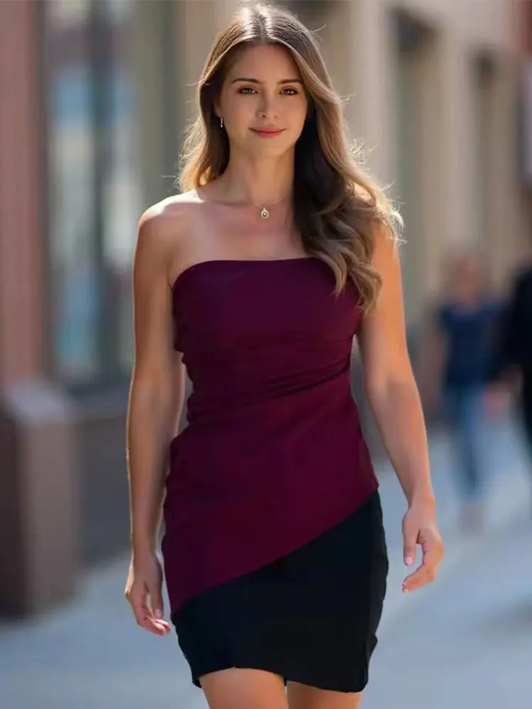 HH Elegant Women's Strapless Ruched Side Top Asymmetrical Hem Crop Tube Top for Vacation Wedding Guest Evening Wear