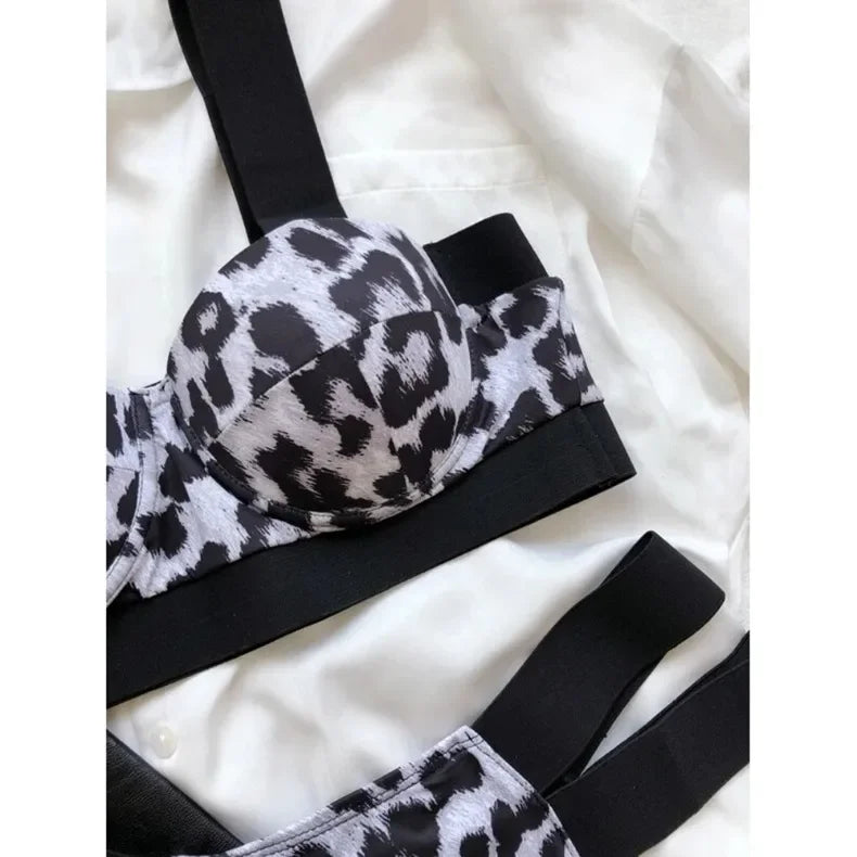Sexy Bikini Women Swimwear Swimsuit Push Up Leopard Block Color Patchwork Double Bandages High Waist Bikinis Set Bathing Suit