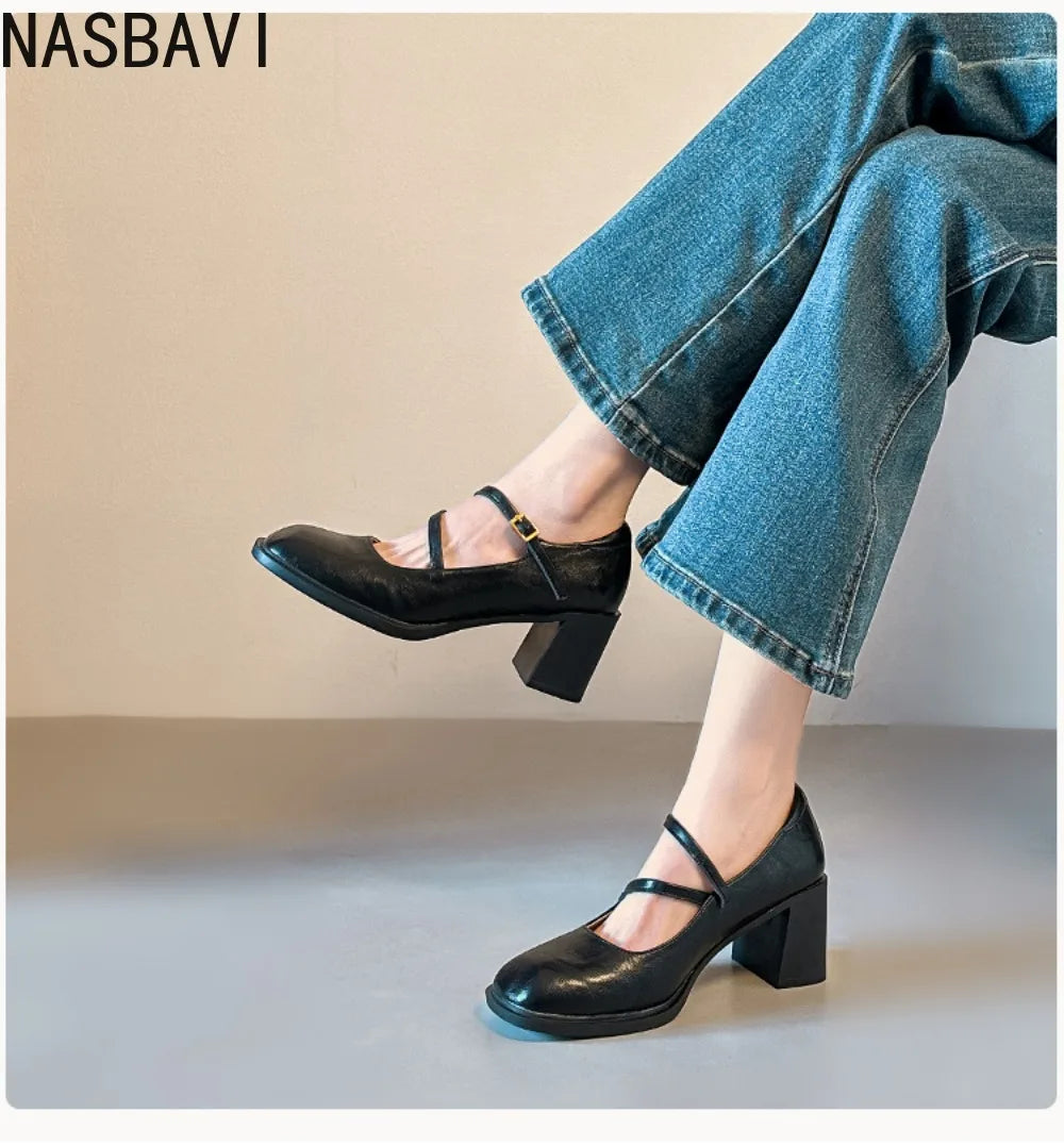 6cm Heel Genuine Cowhide Women's Single Shoes French Mary Janes Soft Leather Round Toe Summer Girls Princess Dress Shoes Brown