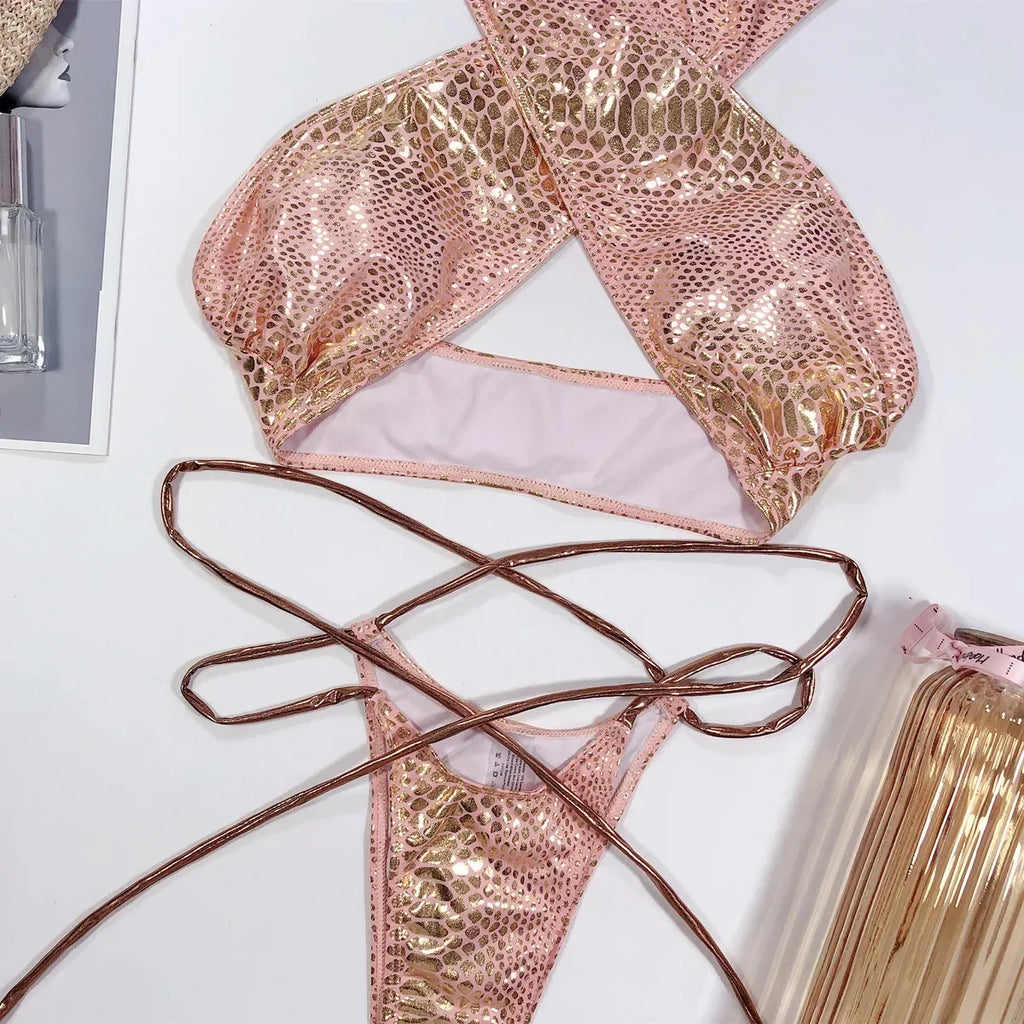 Bikini 2026 Sexy Bronzing Snakeskin Bandage Cross Halter Swimwear Swimsuit Women Bikinis Set Bathing Suit Beach Bikini Female