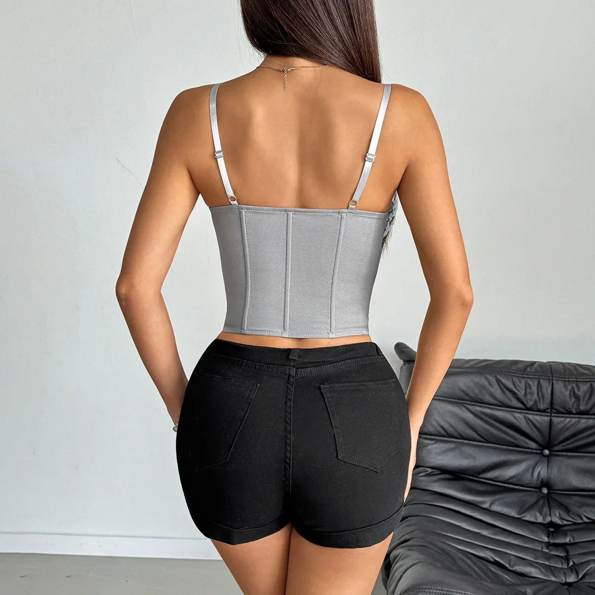 Phantasy Fashion Laec Balck Crop Top Women French Style Pink Bow Strap Tanks Lady Elegant Party Fishbone Camisole Summer Outfit