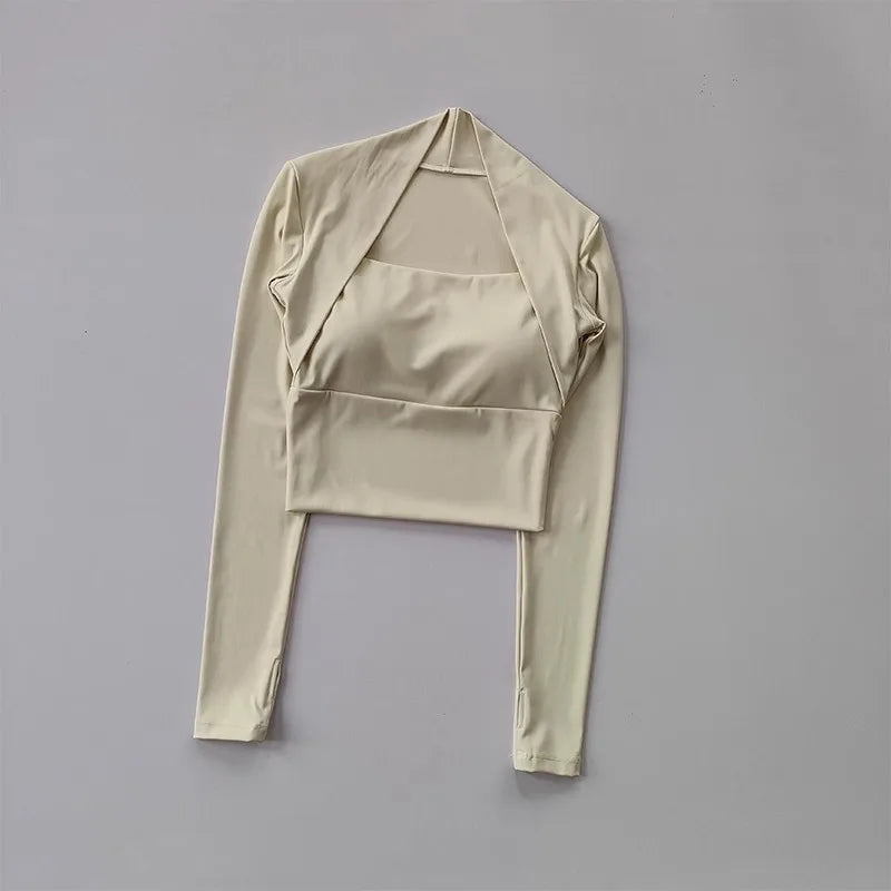 Women's Long Sleeve Fitness Sports Top Elegant Dance Yoga Shirt with Chest Cushion Small Waistband for Gym Speed up Short
