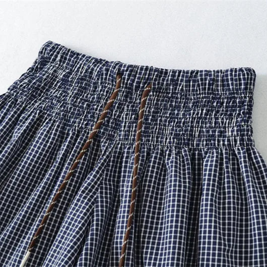 Korean Women's Casual Shorts With Elastic Waist And Drawstring Pleated Plaid A-line Wide-leg Hot Pants For Trendy Girls EHL7