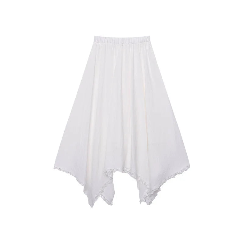 Spliced Lace Elastic High-waisted Slimming Skirt White Lace Trim Skirt Elastic Waist Casual Summer Style Skirt For Women 6S7Q