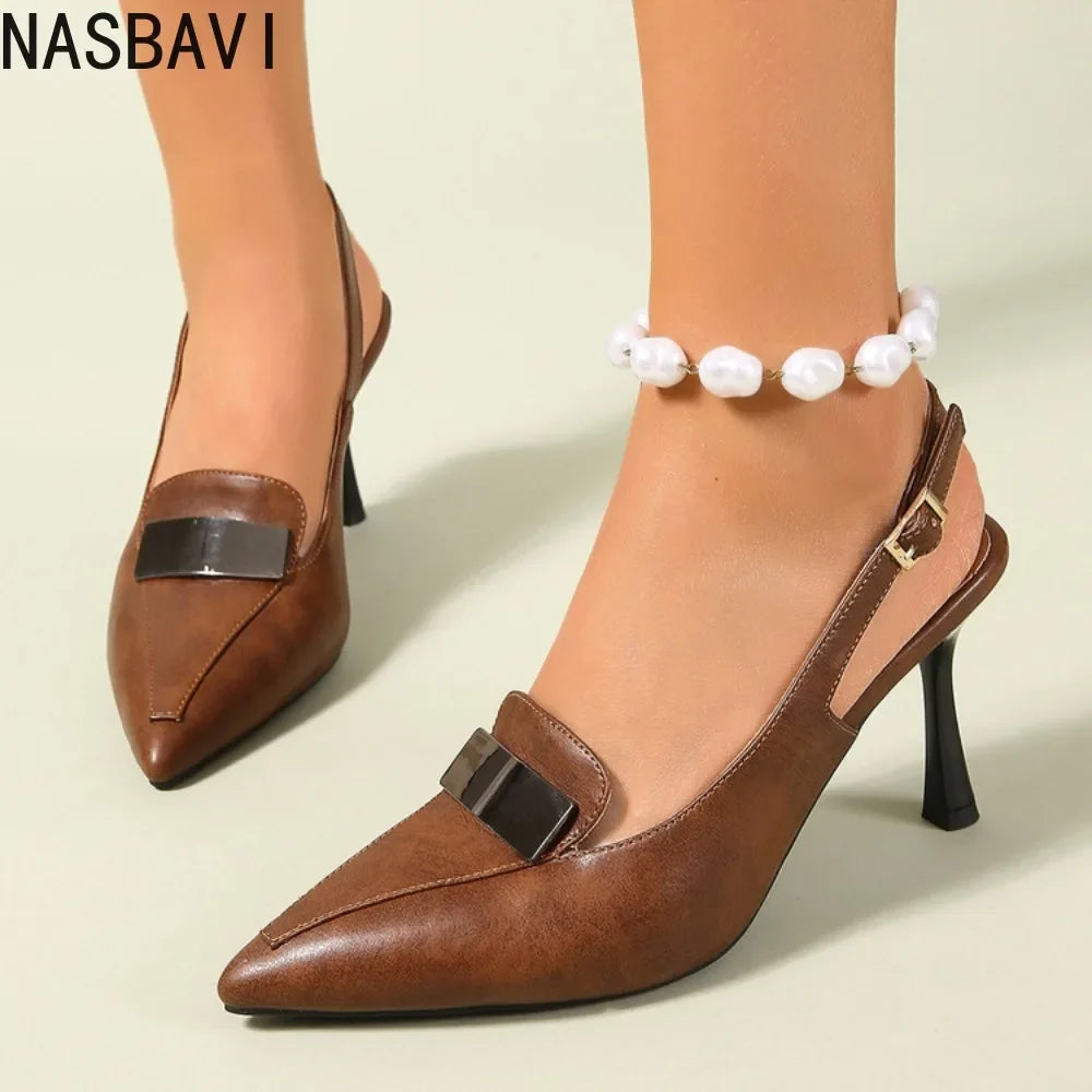 Women French Roman Sandals Pointed Toe 8cm Stiletto Thick Heels Back Buckle Strap Office OL Single Dress Shoes Large Size 34 45