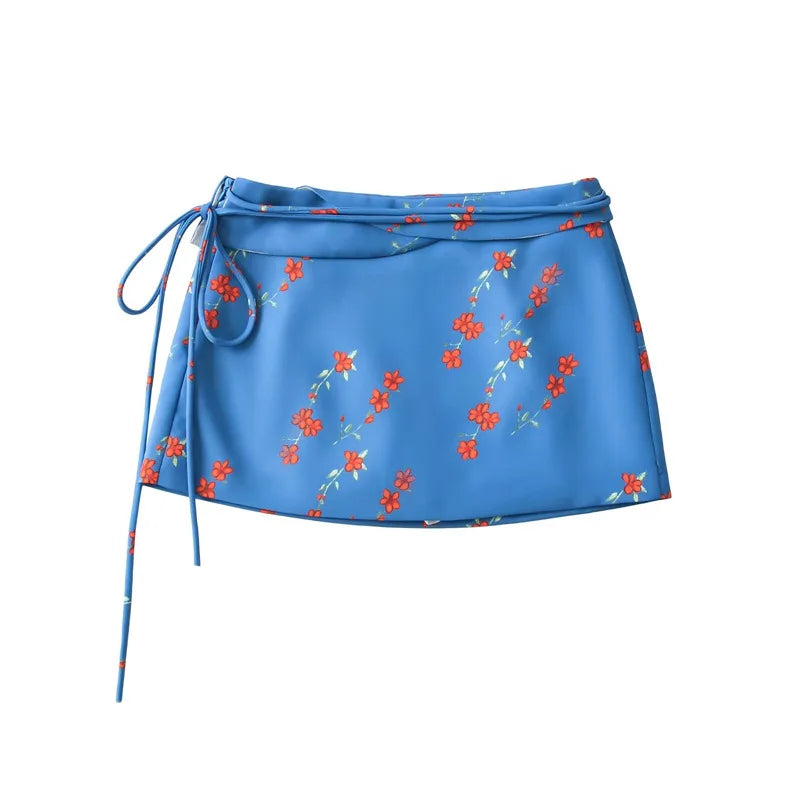 Vacation Vietnam Low-waist Cross-strap Mini Skirt For Women Summer Fresh Print Slim-fit Bodycon Ultra-short Skirt Elegant H1YO