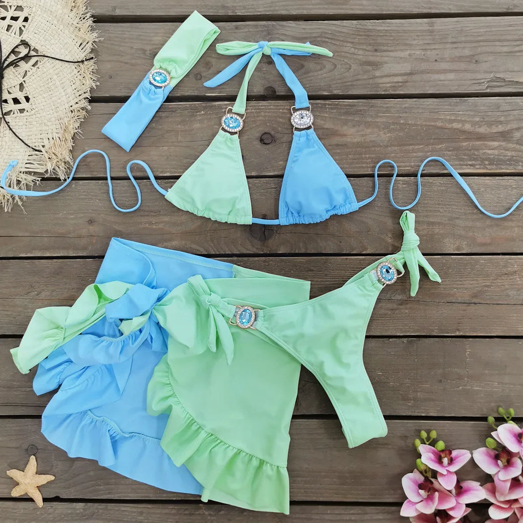 Sexy Skirt 4 Pieces Bikini Set Women Luxury Blue Patchwork Rhinestone Push Up Cover Up Swimsuit 2024 Beach Bathing Suit Swimwear