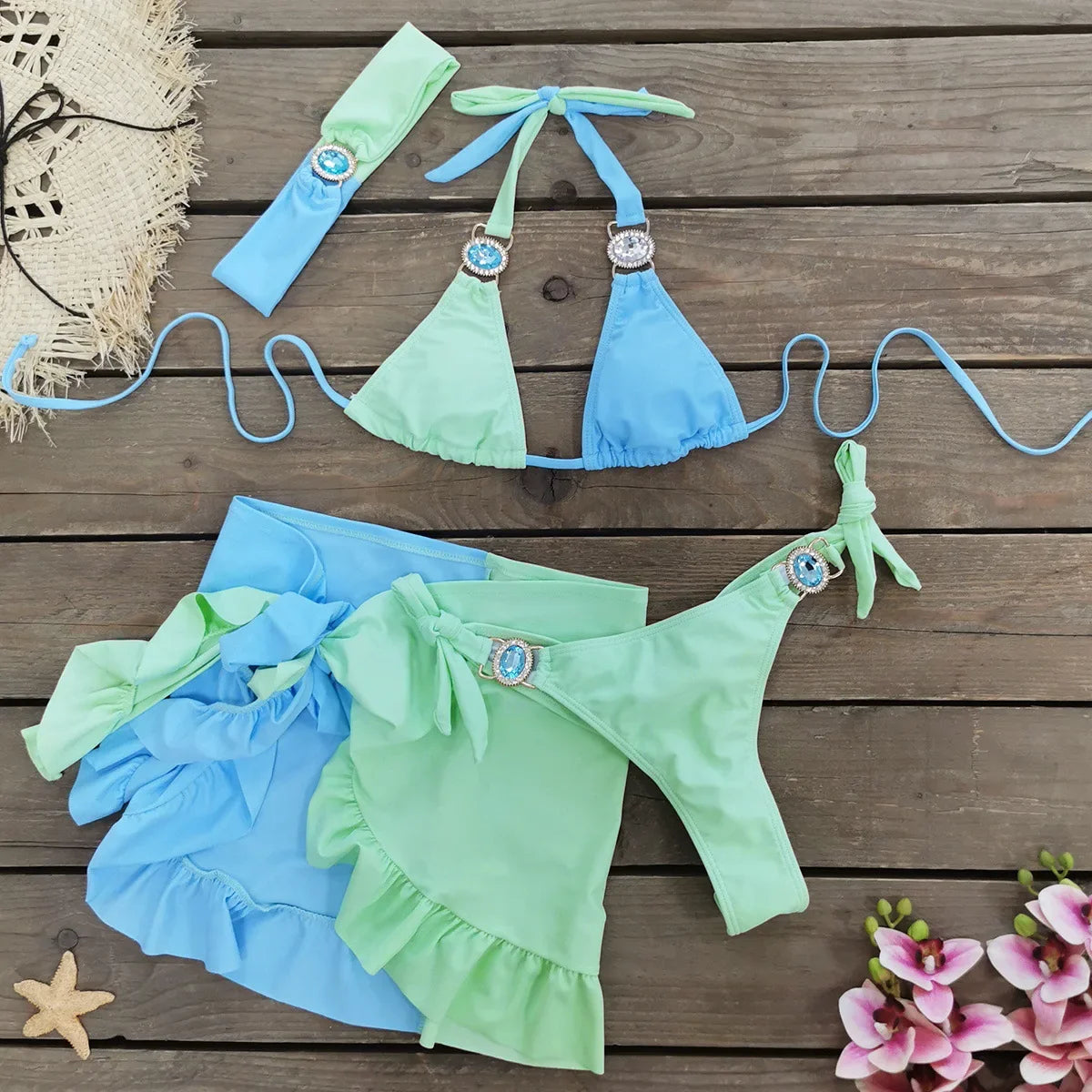 Sexy Skirt 4 Pieces Bikini Set Women Luxury Blue Patchwork Rhinestone Push Up Cover Up Swimsuit 2024 Beach Bathing Suit Swimwear