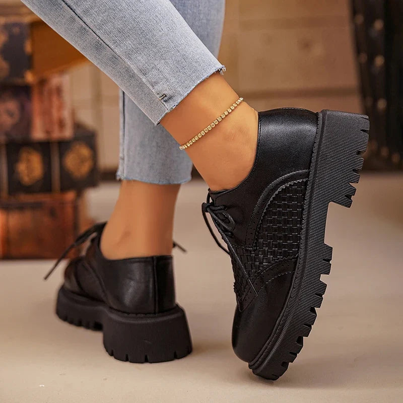 Pu Leather Platform Oxford Shoes Women 2026 Plus Size 42 Lace-Up Single Shoes Woman Comfort Non Slip Thick Sole Student Shoes