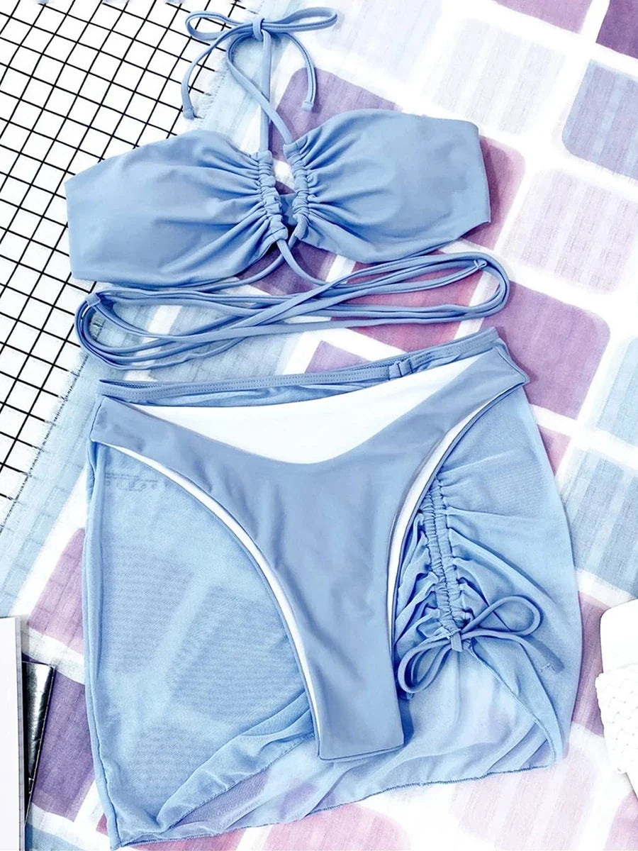 3 Pieces Criss Cross Halter Bikini 2026 Women & Beach Skirt Swimwear Female Sexy Swimsuit Beachwear Bathing Swimming Suit