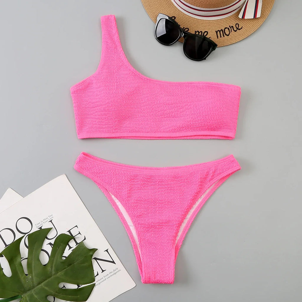One Shoulder Bikinis 2026 Women Sexy Swimwear Female Brazilian Swimsuit Solid Beachwear Bathers Bathing Swimming Swim Suit