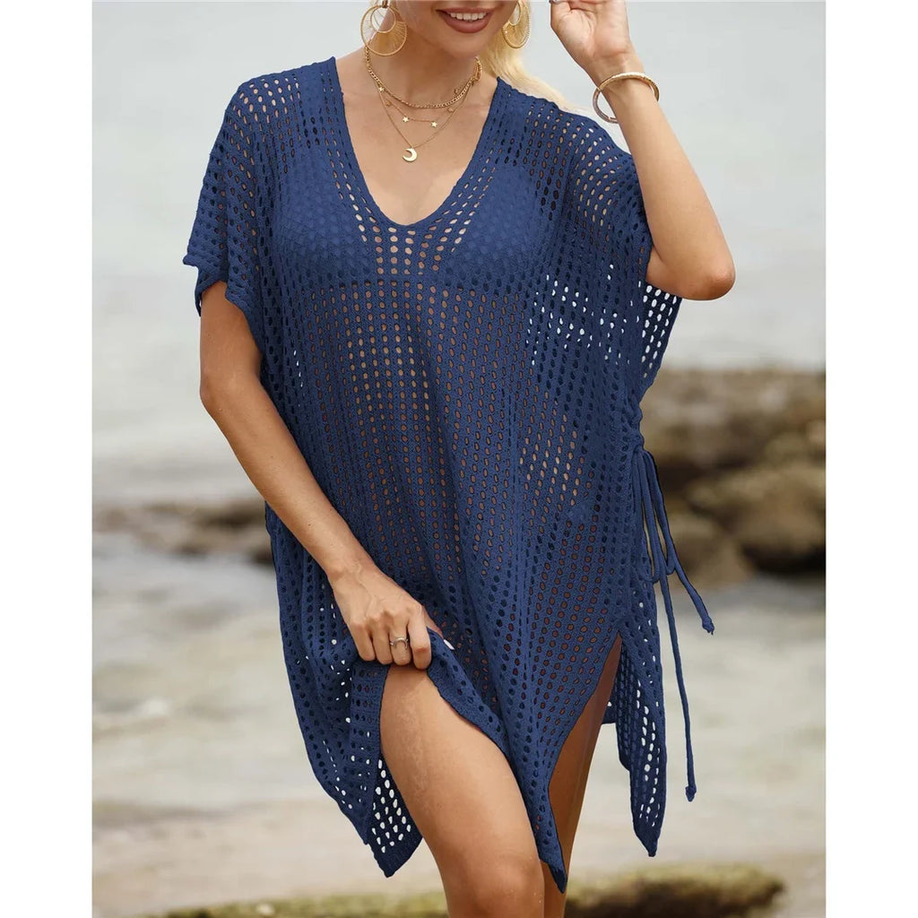 Short Sleeve V Neck Hollow Out Crochet Knitted Tunic Beach Dress Beach Wear Beachwear Beach Cover Up Cover-upsFemale Women V8061