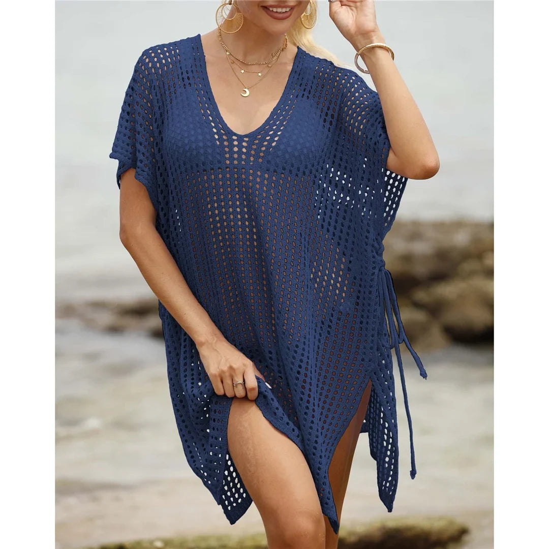 Short Sleeve V Neck Hollow Out Crochet Knitted Tunic Beach Dress Beach Wear Beachwear Beach Cover Up Cover-upsFemale Women V8061