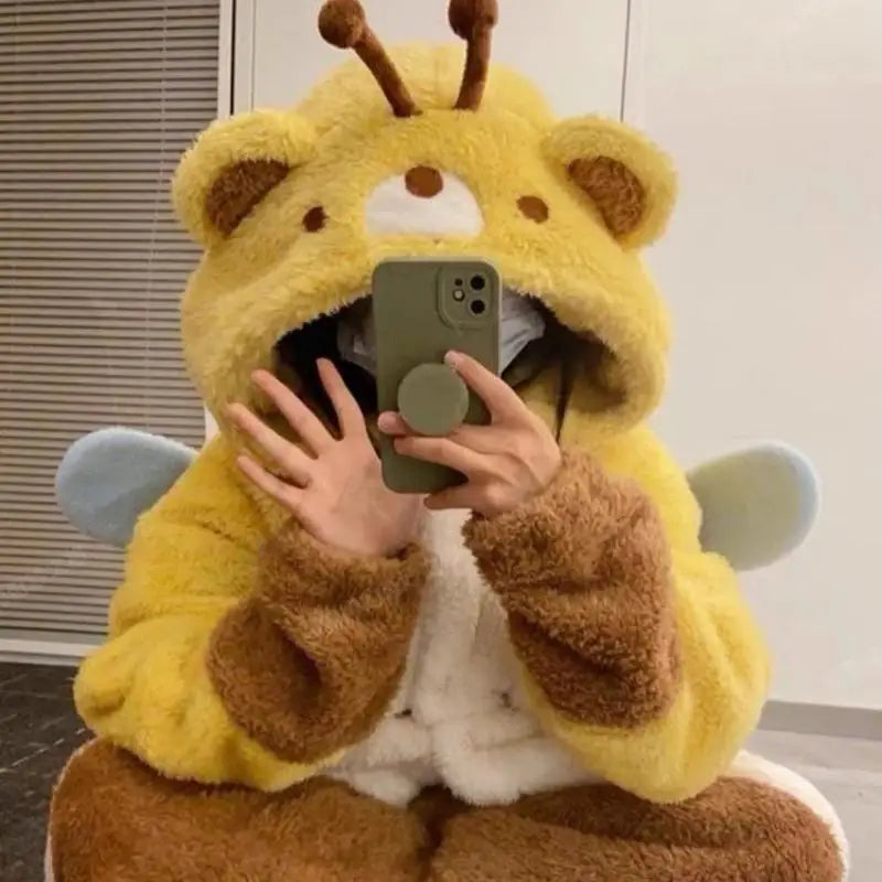 Cartoon Honeybee Pajamas Robes Slipper Kigurumi Unicron Anime Flannel Nightgown Winter Nightdress Party Cosplay Costume Slipper