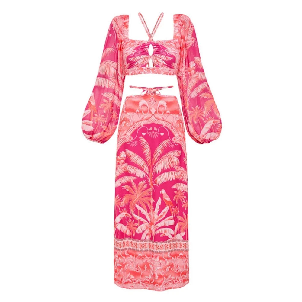 Retro One Piece Swimsuit with Skirt Shoulder Strappy Floral Print Women's Slimming Bathing Suit Beach Wear