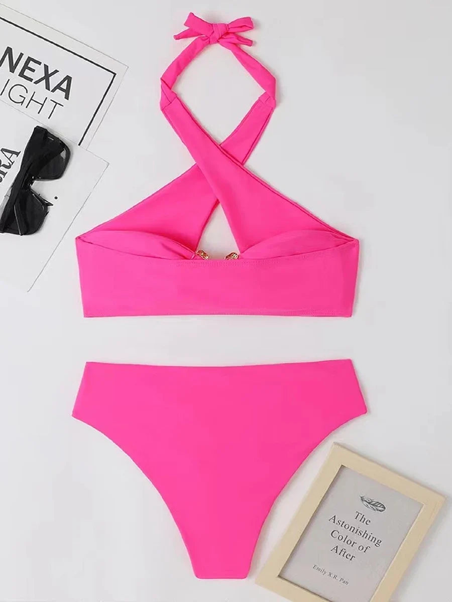 2026 Halter Bikini Solid Metal Link Swimsuit Women Hollow Out Swimwear Female Bathers Bathing Swimming Swim Suit Beachwear