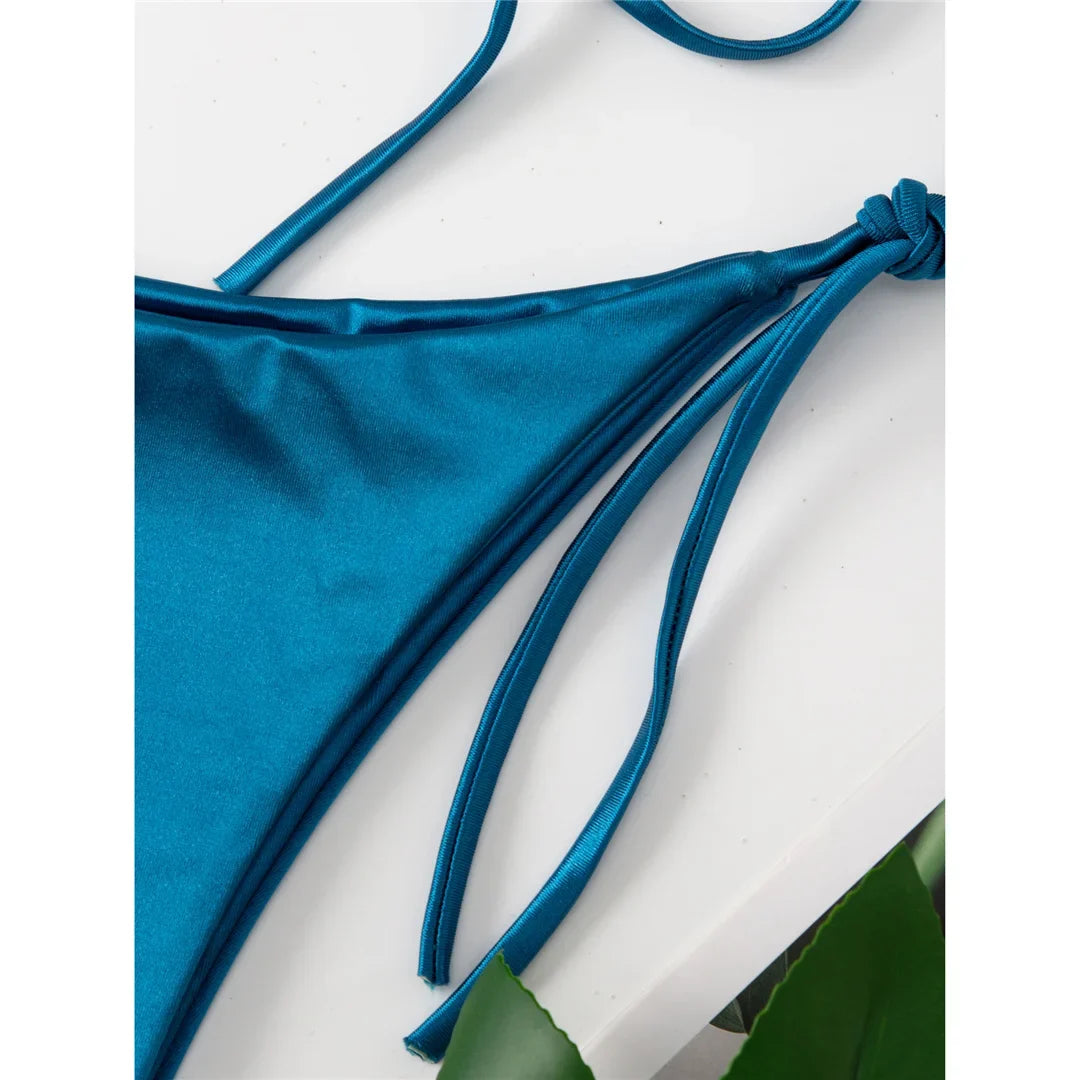 Sexy 13 Colors Halter Satin Brazilian Bikini Women Swimwear Female Swimsuit Two-pieces Bikini set Bather Bathing Suit Swim V4966