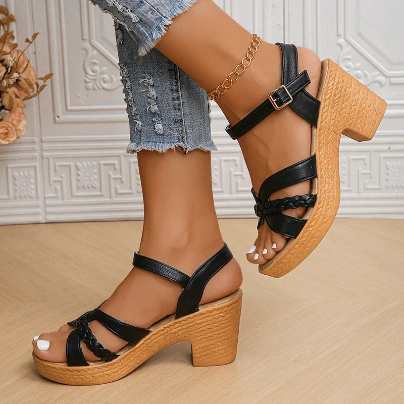 Summer High Heels Sandals Women 2025 Summer Ankle Buckle Platform Sandals Woman Pu Leather Square Heel Gladiator Sandalias Mujer