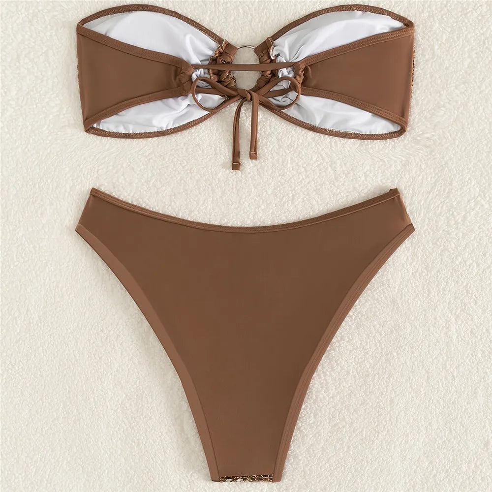 Sexy Brown Sequin Bandeau Bikini Femmes Metal Ring Swimwear Sexy Swimsuit Woman 2026 High Cut Bathing Suit Brazilian Bikinis Set
