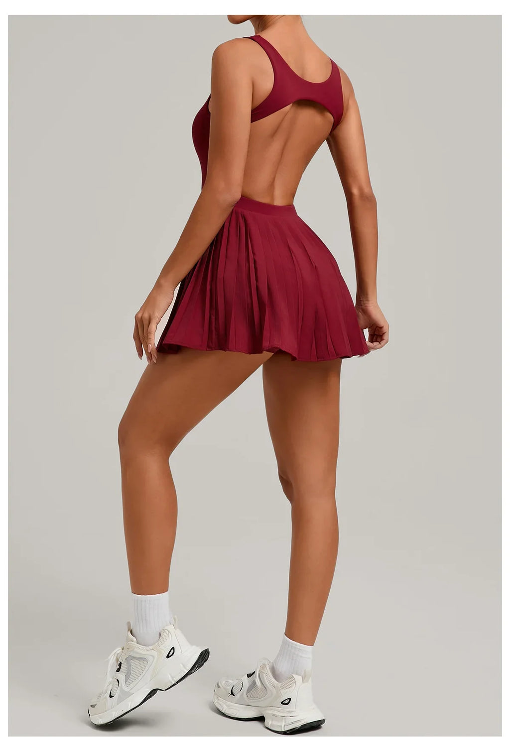 New Large Backless Tennis Dresses Women Solid Color Sleeveless Glare Pleated Yoga Skirt with Pocket Shorts Running Fitness Dress
