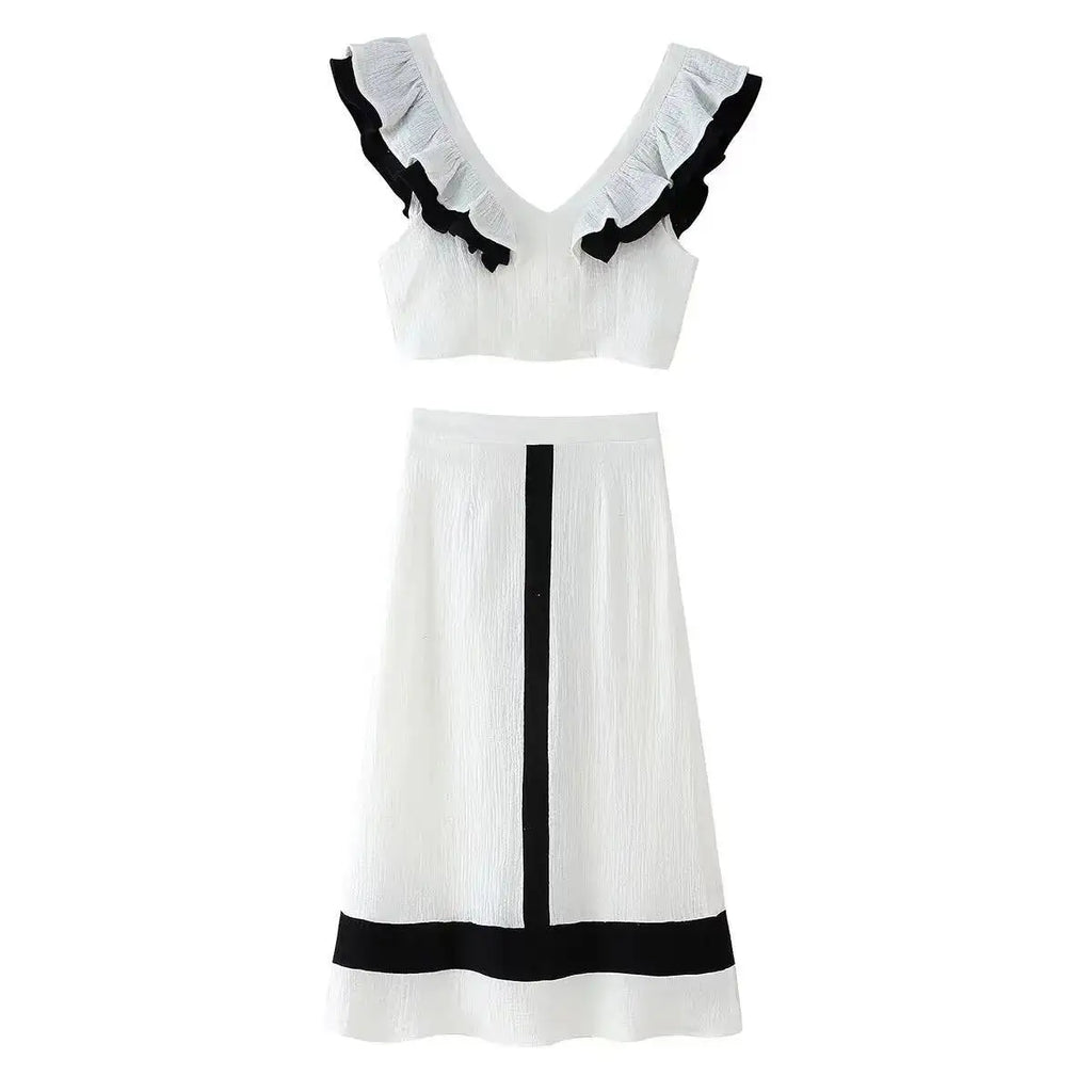 Women's Contrast Color V-Neck Ruffle Top And Skirt Women White Ruffle Trim Crop Top Skirt Casual Summer Outfit Pure Desire 0U19