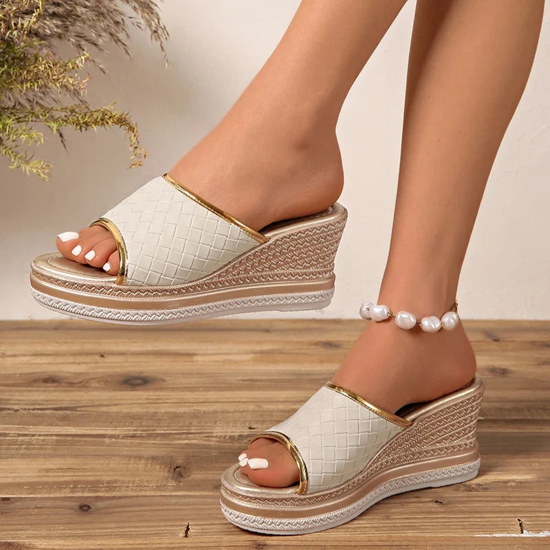 Summer Peep Toe Chunky Platform Sandals Women Plus Size 43 Pu Leather Wedge Slippers Woman Fashion High Heels Sandles Female